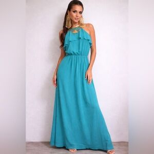 bebe Turquoise Halter gold statement necklace Ruffle Maxi Dress